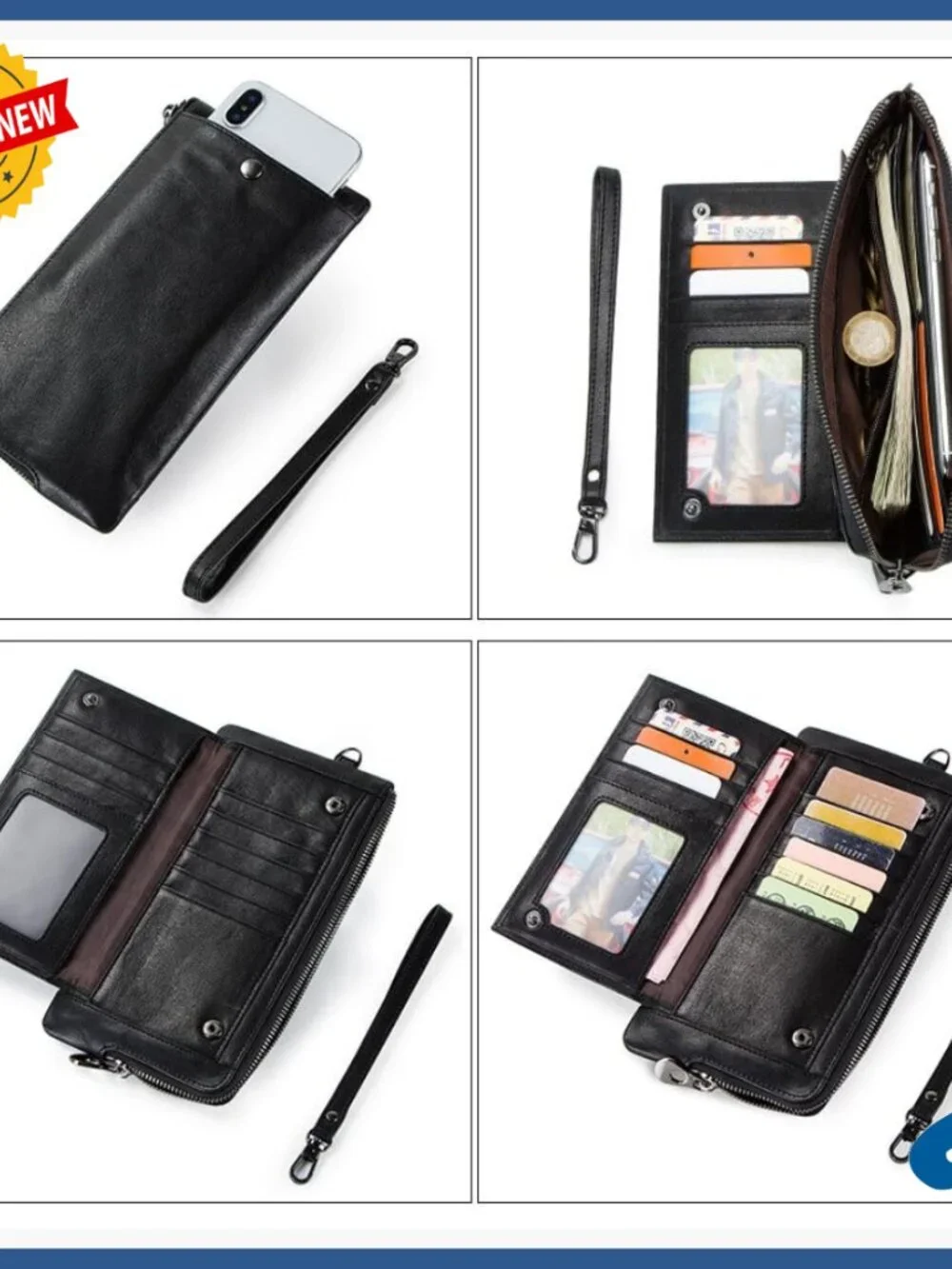 Genuine Leather Long Bifold Wallet Large Capacity Multi Card Slots Zipper Pocket